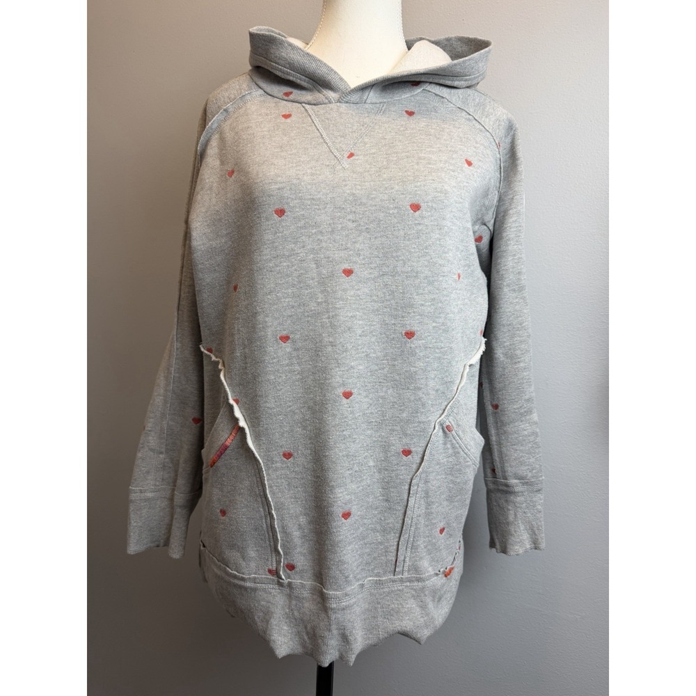 Sundance Hoodie Sz XS Grey Embroidered Red Hearts Oversized Sweater Pockets Cozy